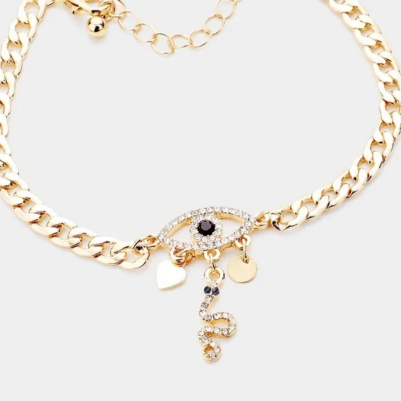 Gold evil eye charm chain link fashion style bracelet - Picture 2 of 3